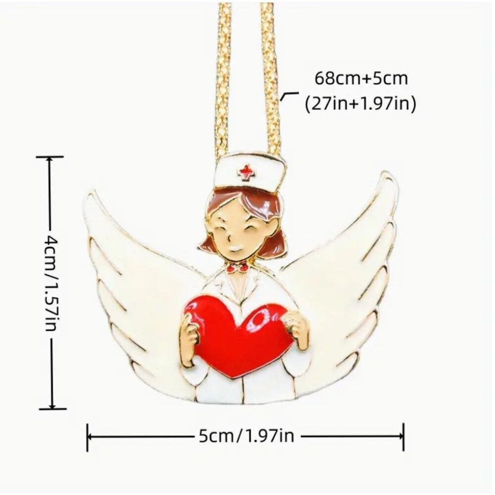 Betsey Johnson Necklace Enamel Angel Nurse with Heart Pendant Gold Tone - Picture 2 of 2